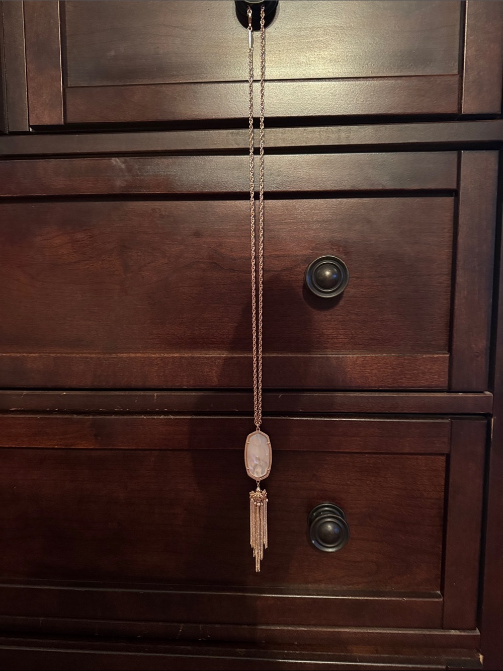 Kendra Scott Rose Gold Long Necklace with Ivory/Iridescent Stone and Tassel